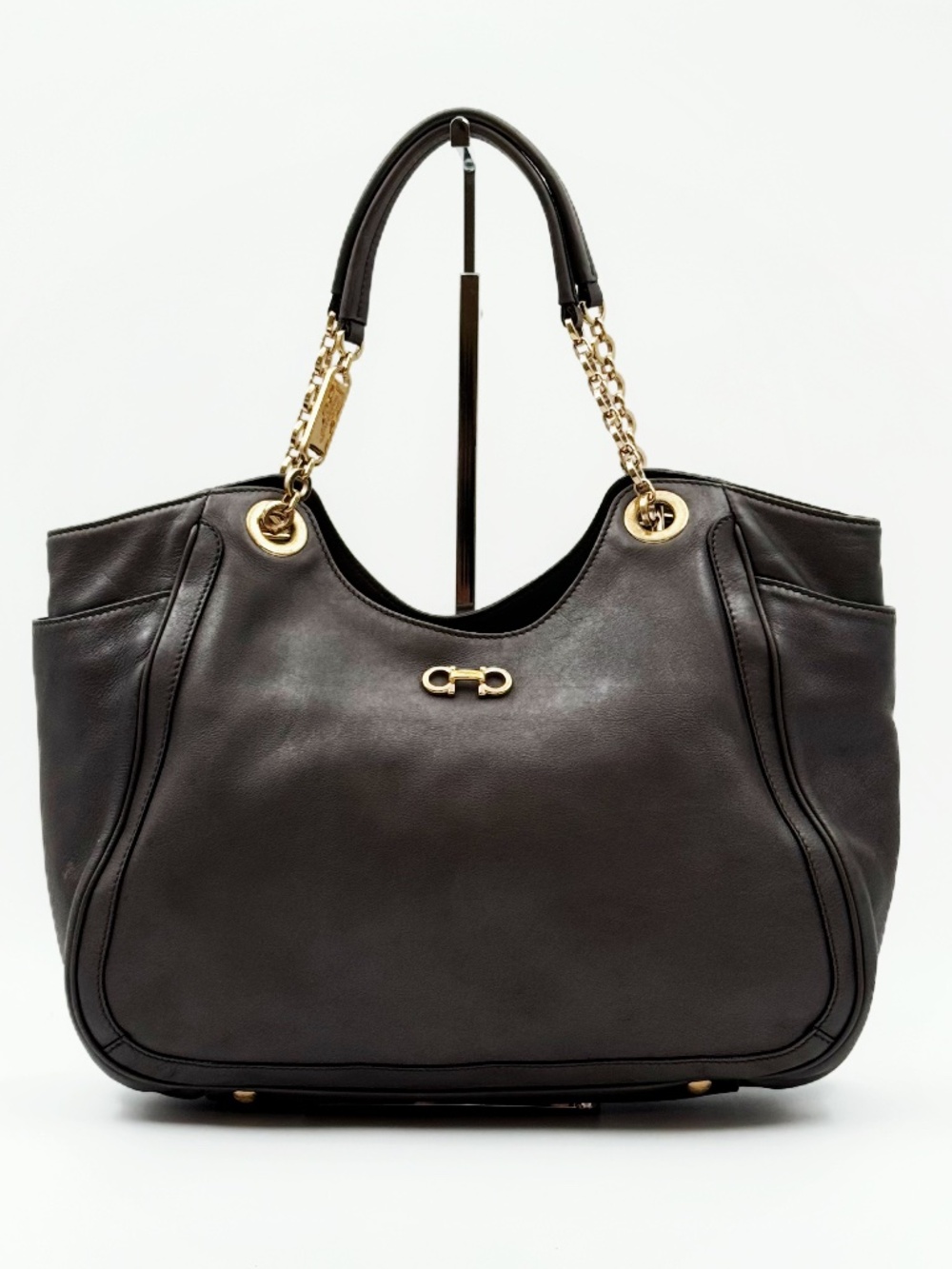 Salvatore Ferragamo Dark Brown Leather Chain Shoulder Tote Bag Gold Hardware